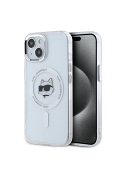 Husa pentru iPhone 15 - Karl Lagerfeld IML MagSafe (KLHMP15SHLSCHH) - White Metal Choupettes Head