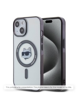 Husa pentru iPhone 15 Plus - Karl Lagerfeld IML MagSafe (KLHMP15MHLSCHH) - White Metal Choupettes Head