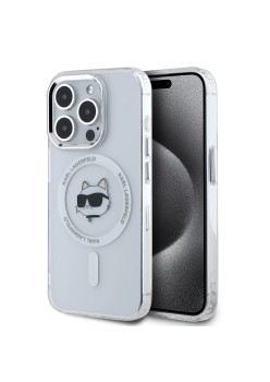 Husa pentru iPhone 15 Pro Max - Karl Lagerfeld IML MagSafe (KLHMP15XHLSCHH) - White Metal Choupettes Head