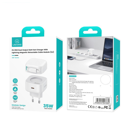 Incarcator Priza USB-C PD35W cu Cablu Lightning, Usams XMF, White