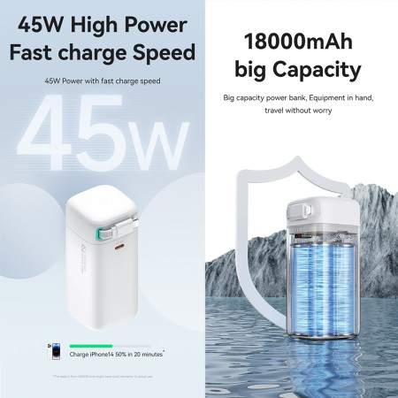 Baterie Externa 18000mAh USB-C PD45W cu Cablu Lightning, Usams, White