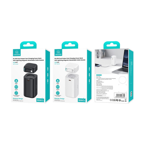 Baterie Externa 18000mAh USB-C PD45W cu Cablu Lightning, Usams, Black