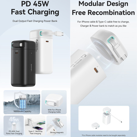Baterie Externa 18000mAh USB-C PD45W cu Cablu Tip-C, Usams, White
