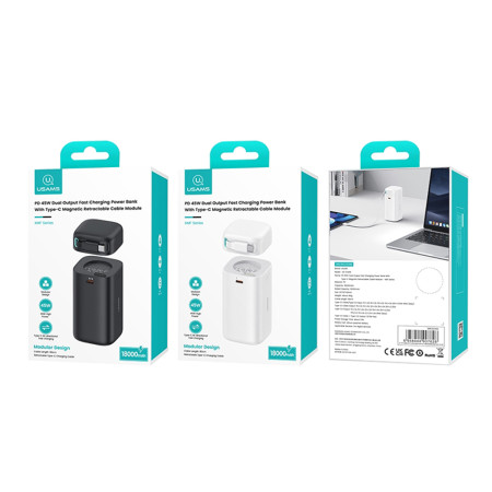 Baterie Externa 18000mAh USB-C PD45W cu Cablu Tipe-C, Usams, Black