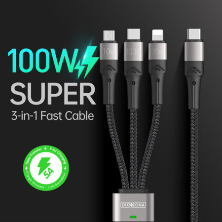 Cablu de Date 3 in 1, USB-C la Tipe-C, Lightning, Micro-USB, 100W, 1.3m, Duzzona, Grey