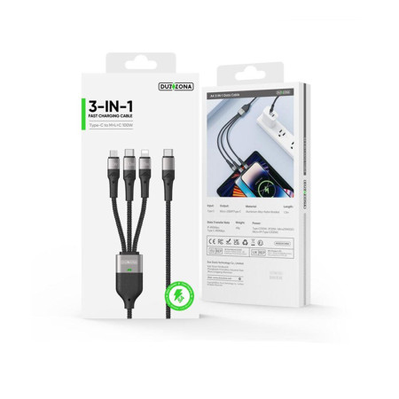 Cablu de Date 3 in 1, USB-C la Tipe-C, Lightning, Micro-USB, 100W, 1.3m, Duzzona, Grey