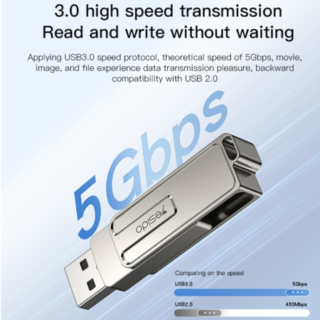 Stick memorie Yesido OTG, USB, Lightning, 5Gbps, 256GB, Silver