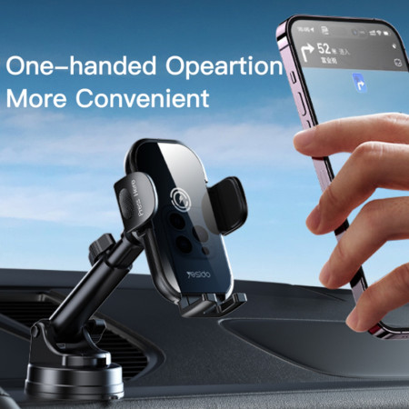 Suport telefon auto Yesido cu încărcare Wireless pentru parbriz și bord, 15W, Black