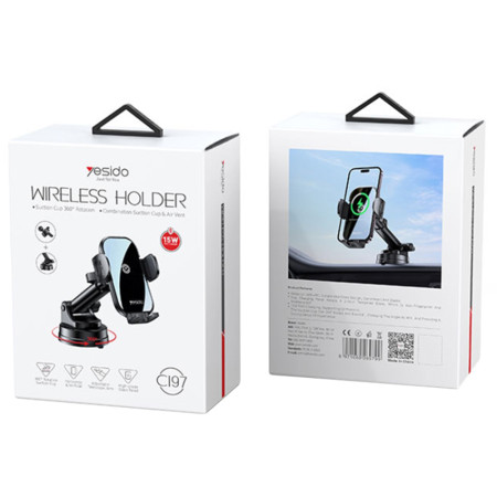 Suport telefon auto Yesido cu încărcare Wireless pentru parbriz și bord, 15W, Black