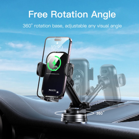 Suport telefon auto Yesido cu încărcare Wireless pentru parbriz și bord, 15W, Black