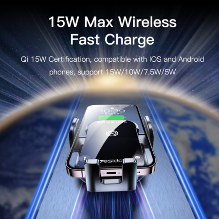 Suport telefon auto Yesido cu încărcare Wireless pentru parbriz și bord, 15W, Black