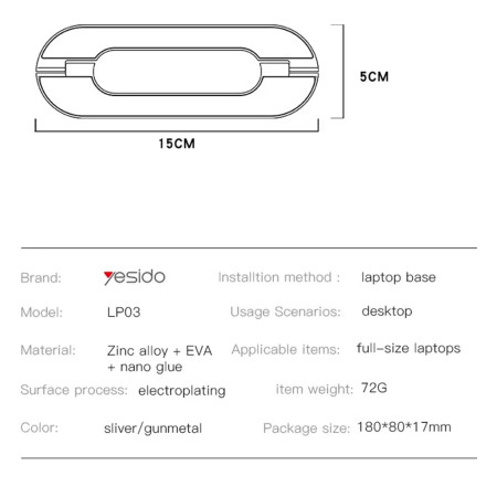 Suport laptop Yesido Design compact, aliaj de zinc, Grey