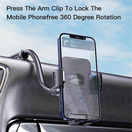 Suport telefon auto Yesido pentru Parbriz si Bord, Brat reglabil, Black