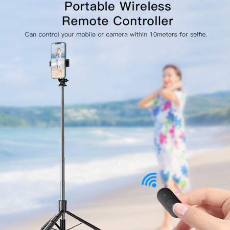 Selfie Stick Yesido Stabil, Adjustabil, 360° Rotatie, Telecomanda, Compatibil Surub 1/4, Negru