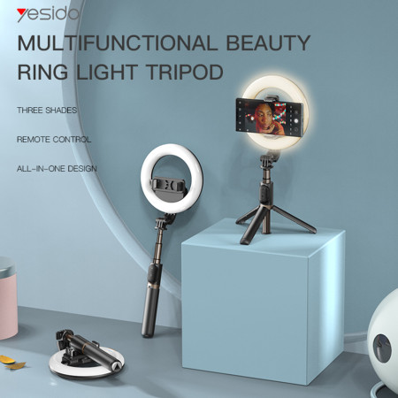 Selfie Stick Yesido Stabil, cu Lumină rotunda, trepied, telecomandă, 360° Rotatie, 120mAh, Black