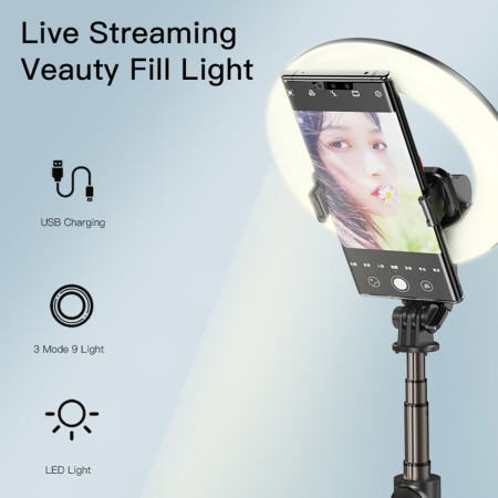 Selfie Stick Yesido Stabil, cu Lumină rotunda, trepied, telecomandă, 360° Rotatie, 120mAh, Black
