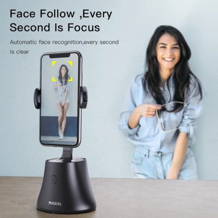 Selfie Stick Yesido Stabil, Recunoastere inteligenta a fetei, 360° Rotatie, Black