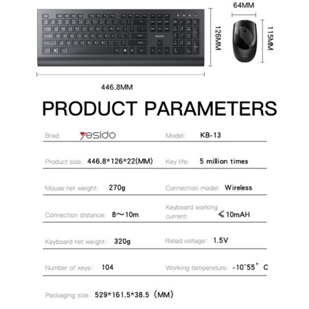 Kit tastatura si mouse wireless Yesido 2.4G Connection, Ergonomic Design, Black