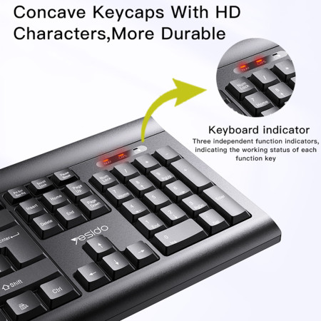 Kit tastatura si mouse wireless Yesido Intelligent Hibernation, PlugandPlay, Black