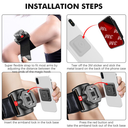 Husa Armband cu Locker pentru Sport, Velcro Mounting Strap, Button Deblocare Rapida, 3M Glue, max 6.8", Black
