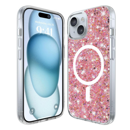 Husa pentru iPhone 15 Plus, Glitter MagSafe, Atasare Magnetica, Magenta