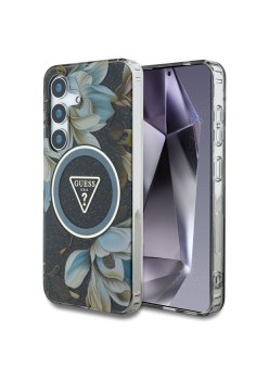 Husa pentru Samsung Galaxy S25 - Guess IML Metal Glitter Flowers Triangle MagSafe - Black