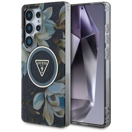 Husa pentru Samsung Galaxy S25 Ultra - Guess IML Metal Glitter Flowers Triangle MagSafe - Black
