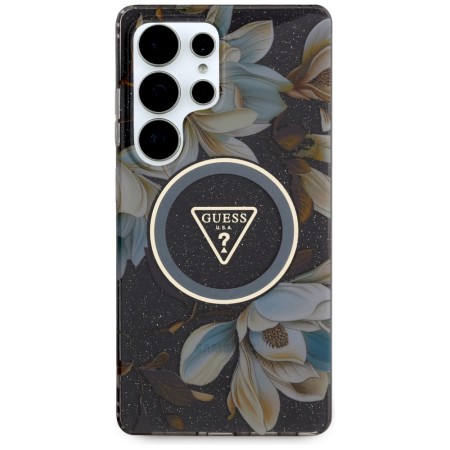 Husa pentru Samsung Galaxy S25 Ultra - Guess IML Metal Glitter Flowers Triangle MagSafe - Black