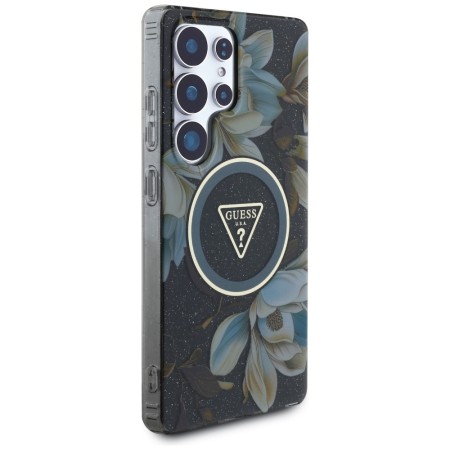 Husa pentru Samsung Galaxy S25 Ultra - Guess IML Metal Glitter Flowers Triangle MagSafe - Black