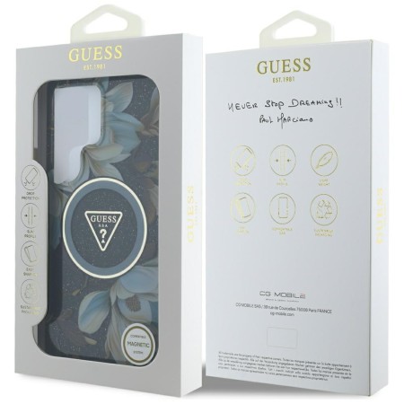 Husa pentru Samsung Galaxy S25 Ultra - Guess IML Metal Glitter Flowers Triangle MagSafe - Black
