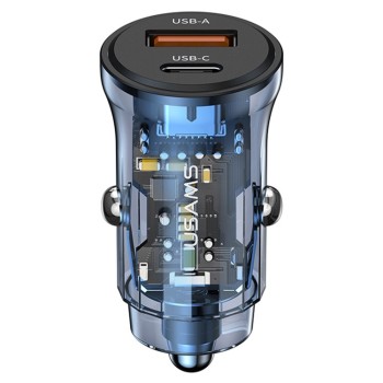Incarcator Auto Type-C PD30W, USB 18W - USAMS C32 Transparent A+C (US-CC164) - Blue