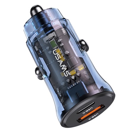 Incarcator Auto Type-C PD30W, USB 18W - USAMS C32 Transparent A+C (US-CC164) - Blue