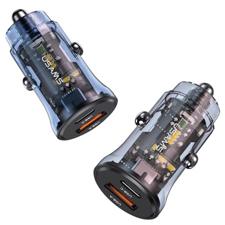 Incarcator Auto Type-C PD30W, USB 18W - USAMS C32 Transparent A+C (US-CC164) - Blue