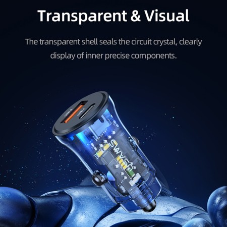 Incarcator Auto Type-C PD30W, USB 18W - USAMS C32 Transparent A+C (US-CC164) - Blue