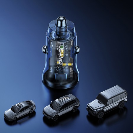 Incarcator Auto Type-C PD30W, USB 18W - USAMS C32 Transparent A+C (US-CC164) - Blue