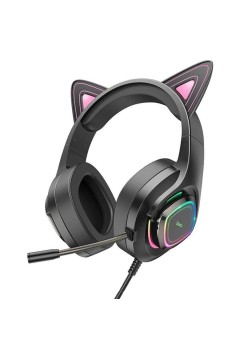 Casti Gaming Jack 3.5mm cu LED si Microfon - Hoco Cat Ears (W107) - Black / Pink