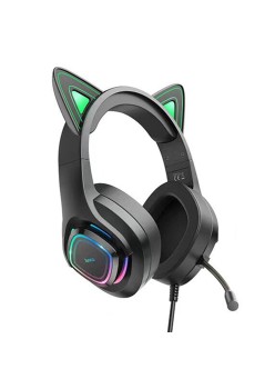 Casti Gaming Jack 3.5mm cu LED si Microfon - Hoco Cat Ears (W107) - Black / Green