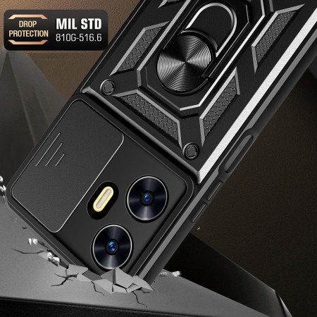 Husa telefon compatibila Realme C55, Slide & Snap Premium, Magnetic Ring Holder, Negru
