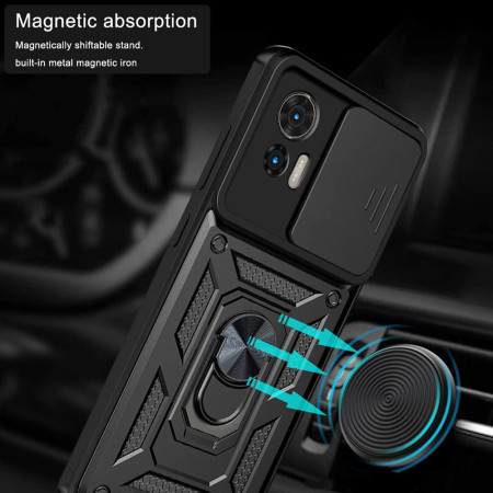 Husa telefon compatibila Motorola Edge 30 Neo, Slide & Snap Premium, Magnetic Ring Holder, Negru