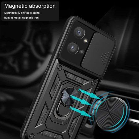 Husa telefon compatibila Motorola Moto G32, protectie camera Slide and Snap Soft Premium, Magnetic Ring Holder, PopGrip, Anti-Shock, Negru