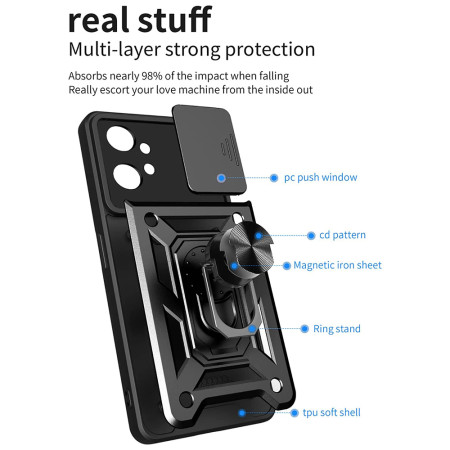 Husa telefon compatibila Motorola Moto G32, protectie camera Slide and Snap Soft Premium, Magnetic Ring Holder, PopGrip, Anti-Shock, Negru