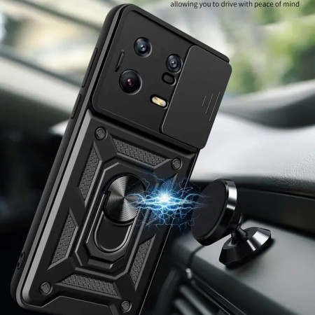 Husa telefon compatibila Xiaomi 13 Pro, Slide & Snap Premium, Magnetic Ring Holder, Negru