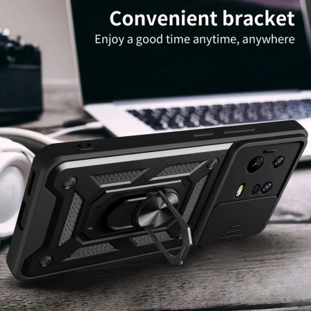 Husa telefon compatibila Xiaomi 13 Pro, Slide & Snap Premium, Magnetic Ring Holder, Negru