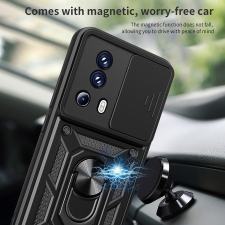 Husa telefon compatibila Xiaomi 13 Lite, Slide & Snap Premium, Magnetic Ring Holder, Negru