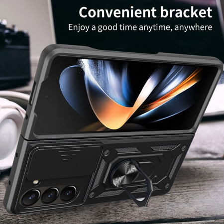 Husa telefon compatibila Samsung Galaxy Z Fold 5, Slide & Snap Premium, Magnetic Ring Holder, Negru