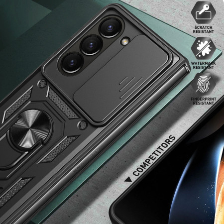 Husa telefon compatibila Samsung Galaxy Z Fold 5, Slide & Snap Premium, Magnetic Ring Holder, Negru