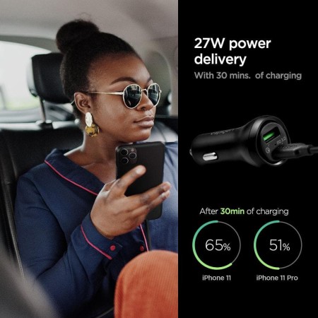 Incarcator Auto USB, Type-C, 27W - Spigen (F31QC) - Black