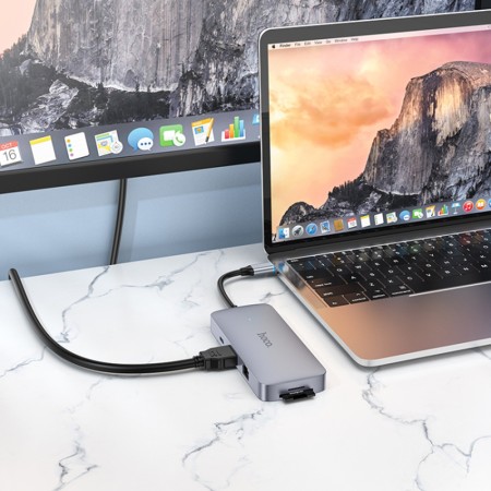 Hoco - Docking Station Season 8in1 (HB32) - Type-C to USB3.0, 2xUSB2.0, HDMI, RJ45, SD Card, TF Card, Type-C - Metal Gray