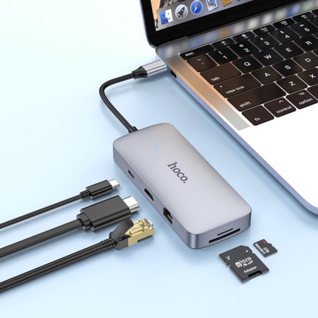 Hoco - Docking Station Season 8in1 (HB32) - Type-C to USB3.0, 2xUSB2.0, HDMI, RJ45, SD Card, TF Card, Type-C - Metal Gray