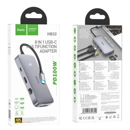 Hoco - Docking Station Season 8in1 (HB32) - Type-C to USB3.0, 2xUSB2.0, HDMI, RJ45, SD Card, TF Card, Type-C - Metal Gray